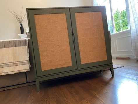 Pottery Barn Dollhouse Bookcase, Ikea Regissor, Ikea Hemnes Desk, Burlap Furniture, Hemnes Desk, Pottery Barn Dollhouse, Cabinet Door Makeover, Build A Dollhouse, Cabinet Hack