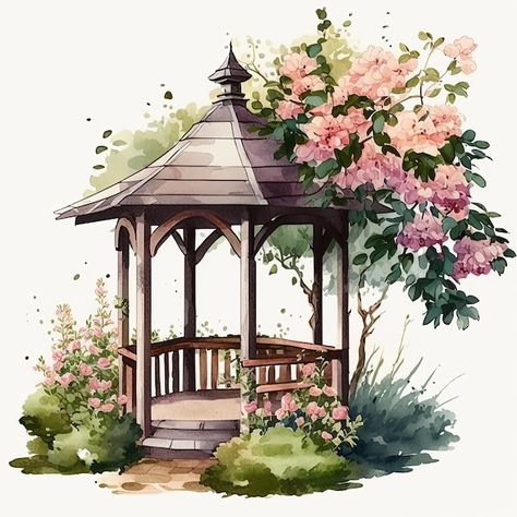 Photo watercolor garden shelter and flow... | Premium Photo #Freepik #photo #terrace #summer-flower #house-exterior #garden-watercolor Summer Garden Illustration, House With Garden Drawing, Flower House Drawing, Garden House Drawing, Watercolor Garden Paintings, Flower Garden Sketch, Garden Drawing Ideas, Garden Illustration Art, Garden Flowers Drawing