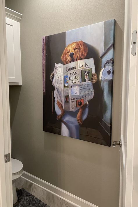 "Add some humor to your bathroom décor with the Stupell Industries Dog Reading The Newspaper On Toilet Funny Painting. This whimsical canvas painting features a cute dog enjoying a good read while sitting on the toilet. The high-quality print is framed and ready to hang, making it a perfect addition to any bathroom or home office." Toilet Funny, Reading The Newspaper, Dog Reading, Funny Painting, Lucia Heffernan, Dog Toilet, Funny Paintings, The Newspaper, Black Framed Wall Art