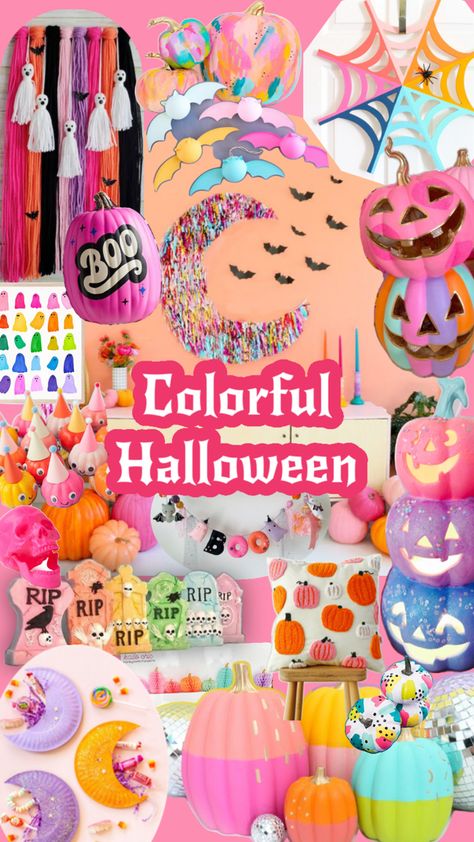 Colorful Halloween decor and craft ideas 2024 Halloween Trends, Colorful Halloween Decor, Rainbow Halloween, Colorful Halloween, Halloween Trends, Halloween Colors, Holiday Inspo, Halloween Backdrop, Pastel Halloween