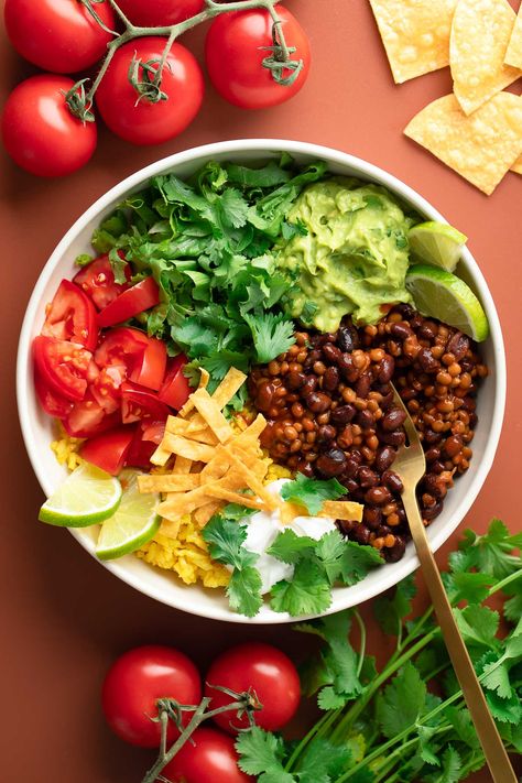 Black Bean and Lentil Burrito Bowls Lentil Burrito, Seasoned Lentils, Lentil Bowl, Roasted Sweet Potato Cubes, Cooking Therapy, Cheese Sauce For Broccoli, Vegetarian Bowls, Meatless Dishes, Taco Toppings