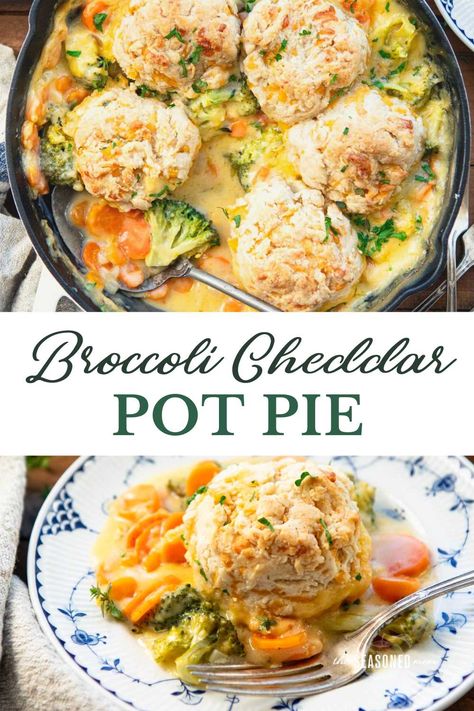 This veggie pot pie is cozy, meatless, comfort food! Fluffy Bisquick cheddar garlic drop biscuits sit on top of a cheesy broccoli filling, making the cobbler a simple, hearty, and satisfying vegetarian supper. Broccoli Cheddar Pot Pie, Garlic Drop Biscuits, Veggie Pot Pie Recipe, Vegetarian Supper, Veggie Pot Pie, Vegetarian Pot Pie, Vegetable Pie, The Cobbler, Vegetarian Comfort Food