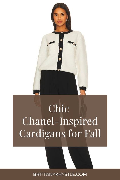 Elevate your everyday wear with these stylish Chanel-inspired cardigans for women. You’ll find a range of luxe affordable and mid-luxury boucle, tweed, knit, and button-down options in black, white, and cream for work and casual wear. Chanel Cardigan Outfit Black White, Black And White Boucle Jacket Outfit, Chanel Style Cardigan Outfit, White And Black Cardigan Outfit, Chanel Cardigan Outfit, Black And White Cardigan Outfit, Parisian Chic Style Fall, Chanel Jacket Outfit, Boucle Jacket Outfit