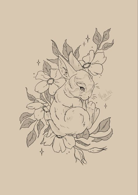 Foral rabbit tattoo illustration hy NoveInk Tattoo Earth Rabbit Tattoo, Rabbit Heart Tattoo, Rabbit And Flower Tattoo, Bunny Flower Tattoo, White Rabbit Tattoo, Bunny Tattoo, Flores Tattoo, Rabbit Tattoo, Bottle Tattoo