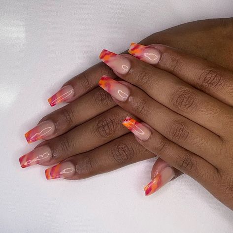 Orange Marble Nails, Orange Marble, Simple Gel Nails, Marble Nails, White Marble, Pink Orange, Full Set, Pink And Orange, Gel Nails