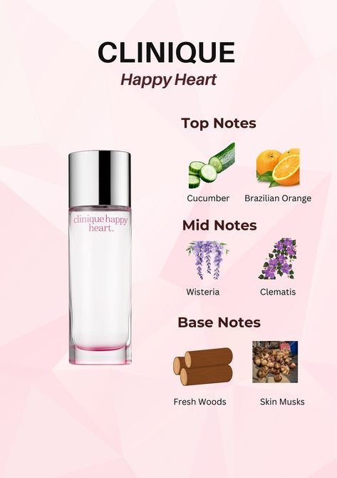 Perfume Lovers | Fragrance Notes | Clinique Happy Heart | Top Notes | Heart Notes | Base Notes | Cucumber Scent | Brazilian Orange | Wisteria | Clematis | Fresh Woods | Skin Musks | Fragrance Collection | Perfume Addict | Scent Of The Day | clinique happy perfume | clinique happy heart | clinique happy perfume for women | clinique happy heart perfume | clinique happy perfume aesthetic | clinique happy in bloom | clinique happy heart perfume for women Clinique My Happy Cocoa And Cashmere, Clinique Happy Perfume For Women, Clinique Happy Heart Perfume, Clinique My Happy, Clinique Happy For Men, Aromatic Elixir Clinique, Clinique Happy Heart, Clinique Happy Perfume, Wisteria Perfume