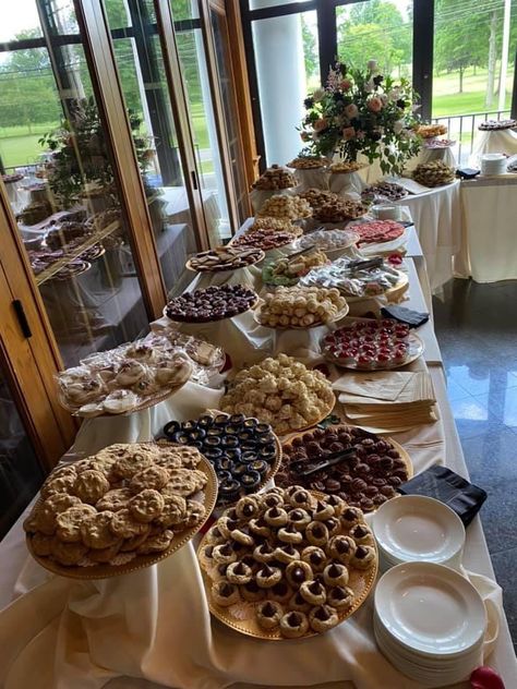 Wedding Day Dessert Table, Cookie For Wedding Reception, Budget Friendly Dessert Table, Wedding Dessert Potluck, Desert Station Ideas, Nontraditional Wedding Food, Dessert Bar Retirement Party, Dessert Reception Ideas, Cookie Table Wedding Display Bar Ideas