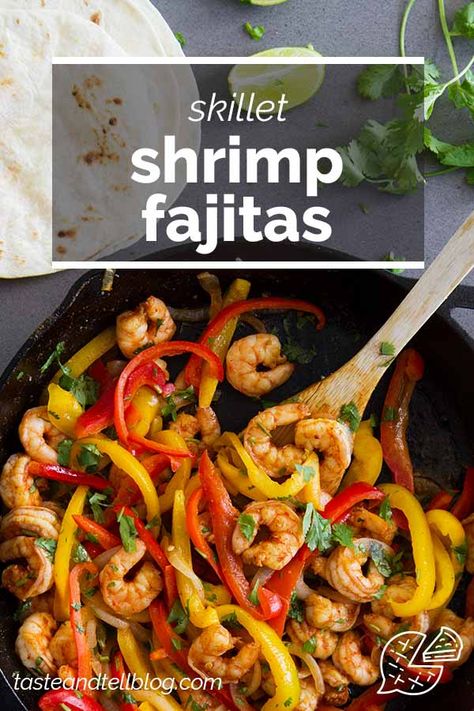 Dinner in a jiffy - these Skillet Shrimp Fajitas are not only good for you, but can be done in under 30 minutes! Peppers, onions and fajita spiced shrimp are all cooked in one skillet for an easy dinner. #recipe #dinner #easydinner #30minutemeal #shrimp Savory Cravings, Easy Fajita Recipe, Shrimp Fajita Recipe, Spiced Shrimp, Fajita Spices, Skillet Shrimp, Seafood Meals, Shrimp Fajitas, Savory Treats