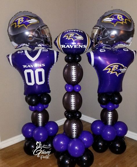 Baltimore Ravens Football balloon sculptures  Baltimore Ravens theme balloon columns #ravensflock #rationsnation #baltimoreravens Baltimore Ravens Birthday Party Ideas, Baltimore Ravens Party Ideas, Football Balloon Bouquets, Football Balloon Columns, Sports Balloons, Balloon Football, Football Centerpiece, Cowboy Thanksgiving, Sports Centerpieces