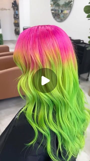 PRAVANA on Instagram: "💚 SOUR WATERMELON candy💗   our mouth is WATERING over this gorgeous #HairTransformation by @midheaven.hair 😍 Created using PRAVANA VIIVDS Neon Pink + Magenta for the pink, melted into Neon Green. ✨  #pravana #pravanavivids #neonhair #neonpinkhair #neongreenhair #neonhairinspo #hairtransformation" Green And Blue Hair, Pink And Green Hair, Neon Green Hair, Watermelon Candy, Pravana Vivids, Neon Hair, Hair Transformation, Green Hair, Neon Green