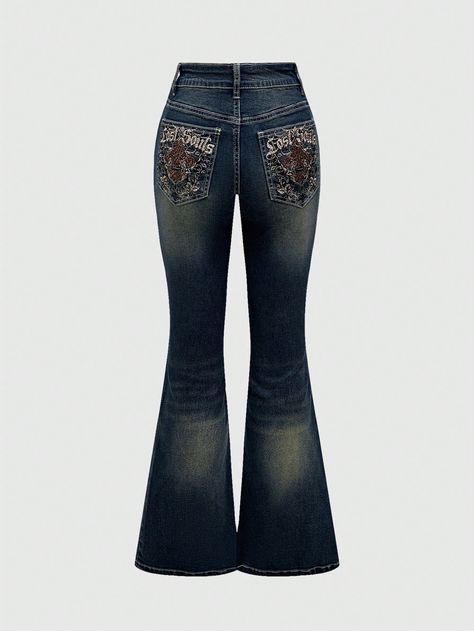 Blue  Collar  Denim Animal,Plain Flare Leg Embellished High Stretch  Women Plus Clothing Grunge Jeans Png, 2000's Jeans, Bedazzled Pants, Hello Kitty Jeans, Flare Jeans Outfit, Alphabet Embroidery, Grunge Jeans, Floral Alphabet, Y2k Pants