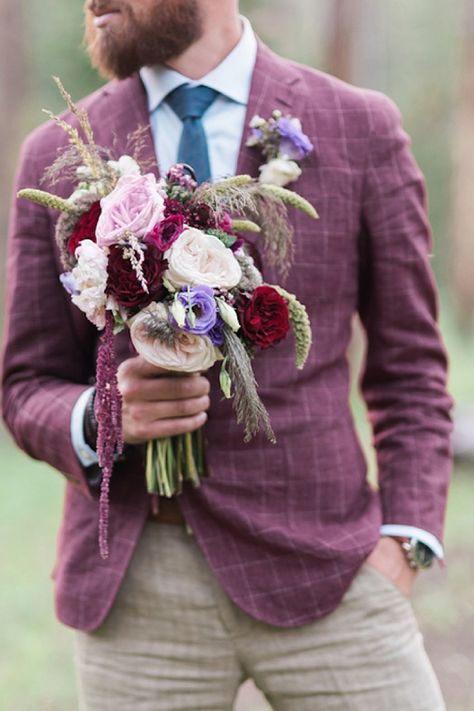 Handsome purple wedding suit jacket with plaid pattern #groom #weddingfashion #wedding #weddingideas #purplewedding #weddingstyle Fall Groom, Mens Wedding Attire, Suits Men, Maggie Sottero, Groom Suit, Groom Attire, Burgundy Wedding, Creative Wedding, Groom Style