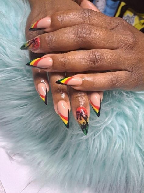 African Nails Design, Jamaican Inspired Nails, Jamaica Inspired Nails, African Nail Art Design, Jamaica Nail Designs, Juneteenth Nail Design, Juneteenth Nails, Jamaica Nails, Flag Nails