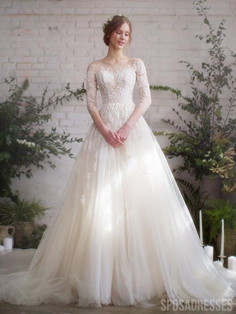 Applique Wedding, Applique Wedding Dress, Illusion Neckline, Wedding Gowns Lace, Tulle Wedding, Long Wedding Dresses, Tulle Wedding Dress, Cheap Wedding Dress, Tulle Lace