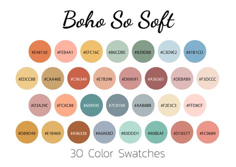 Boho-so-soft, Color Swatches, Color Palette, iPad Color Palette - Etsy Bohemian Color Palette, Swatches Color, Hex Color Palette, Bright Boho, Bohemian Colors, Color Palate, Color Palette Design, Digital Drawings, Decoration Inspiration