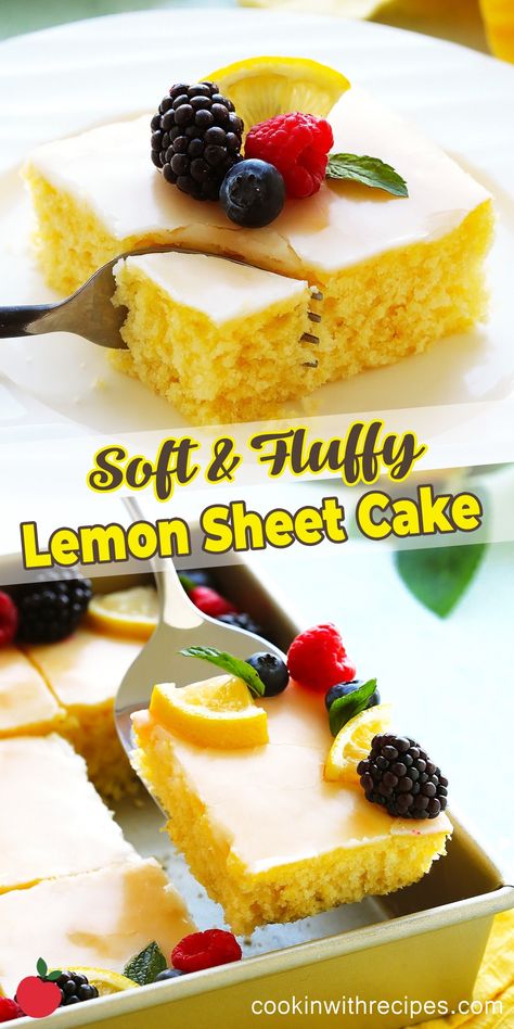 Soft & Fluffy Lemon Sheet Cake Recipe - Cooking with Recipes Lemon Sheet Cake Recipe, Simple Sheet Cake, Fluffy Lemon Cake, Lemon Sheet Cake, Sheet Cake Recipe, Dump Cakes, Sheet Pans, Lemon Yogurt, Sheet Cake Recipes