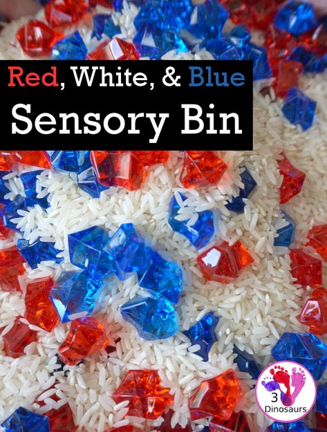 Red White and Blue Sensory Bin for the Fourth of July - a super easy to set up red, white, and blue sensory for the Fourth of July and flag day with three times for the sensory bin. - 3Dinosaurs.com #fourthofjuly #sensorybin #3dinosaurs #sensoryplay #sensorybinforkids Memorial Day Sensory Bin, Red White And Blue Sensory Bin, Fourth Of July Sensory Activities, America Sensory Bin, Patriotic Sensory Bin, Fourth Of July Sensory Bin, Blue Sensory Bin, 4th Of July Sensory Bin, July Sensory Bin