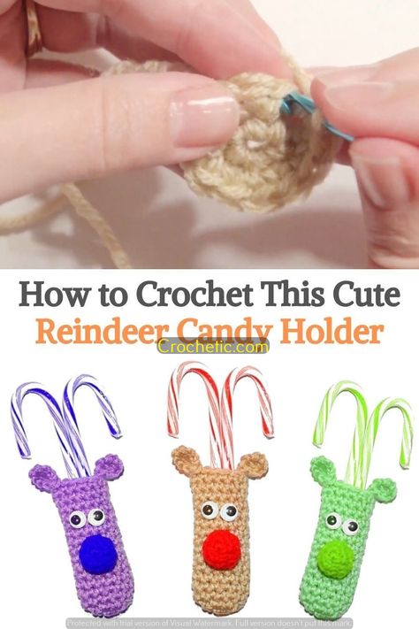 Free Crochet Ornament for a Festive Christmas"Fingerless Gloves Patterns Free and Perfect for Gifts Crochet Christmas Goodie Bags, Crochet Christmas Stocking Stuffers, Crochet Christmas Gifts For Kids, Quick Crochet Christmas Gifts, Reindeer Candy Holder, Reindeer Bags, Crochet Nativity, Reindeer Christmas Decorations, Reindeer Candy