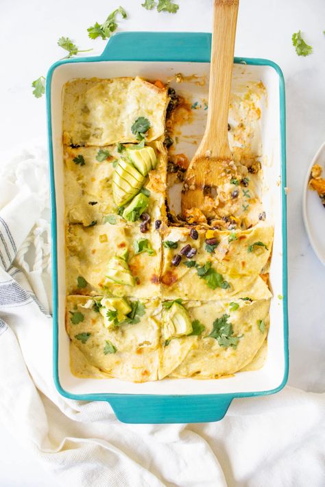 Butternut Casserole, Easy Enchilada Casserole, Butternut Squash Mac, Vegan Butternut Squash, Vegan Enchiladas, Vegan Casserole, Easy Enchiladas, Chicken And Butternut Squash, Green Enchilada Sauce