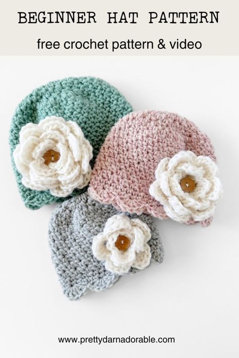 Create matching hats with my free crochet pattern for the Sweet Scalloped Beanie! This beginner-friendly pattern includes a detailed video tutorial and features a beautiful crochet rose. Made with worsted weight yarn, it's perfect for both moms and kids. Click now to see how easy it really is! Crochet Toddler Beanie, Crochet Newborn Hat Free Pattern, Easy Crochet Baby Hat, Baby Hat Free Pattern, Crochet Flower Hat, Easy Crochet Hat Patterns, Girls Crochet Hats, Beanie Knitting Patterns Free, Crochet Hat For Beginners