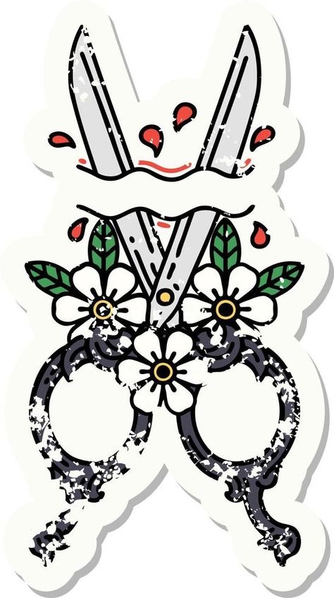 distressed sticker tattoo in traditional style of barber scissors and flowers Scissors Barber, Sticker Tattoo, Barber Scissors, Traditional Style, Vector Free, Royalty Free, Clip Art, Tattoos, Flowers