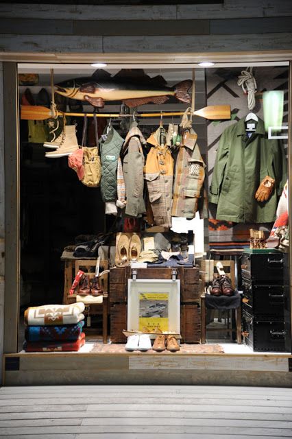 FILSON, FISHING, NIGEL CABOURN, PENDLETON, REDWING BOOTS, RRL, TWEED Fashion Window Display, Window Display Retail, Clothing Store Interior, Clothing Store Design, Fishing Shop, Levis Vintage Clothing, Store Layout, Store Interiors, Levis Vintage