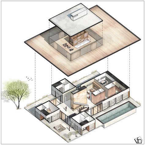 Country house 450m2 on Rublevo Uspensky highwayHouse 450m2 for a family of 5 people . The peculiarity lay in the fact that in the center of open living room of the house , the center of the whole composition , opening panoramic windows in good weather se… College Architecture, Isometric Drawing, Architecture Portfolio Design, Interior Design Drawings, Architecture Design Sketch, Presentation Layout, Isometric Design, Isometric Illustration, Interior Sketch