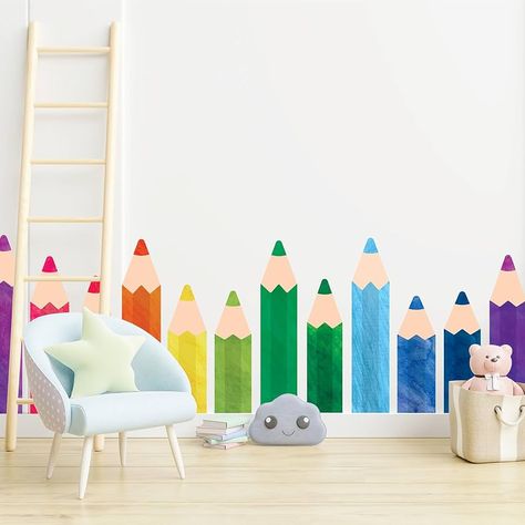 Amazon.com: Whaline 8 Sheets Colorful Pencils Wall Decals Waterproof Watercolor Pencils Wall Stickers Educational Peel and Stick Removable Wall Corner Stickers for Playroom Classroom Living Room Blackboard Decor Playroom Words On Wall, Positive Door Decorations, Rainbow Playroom Decor, Art Center Bulletin Board, Mural For Playroom, Colorful Playroom Mural, School Hallway Decorations Elementary, Preschool Lobby Decor Ideas, Budget Classroom Decor