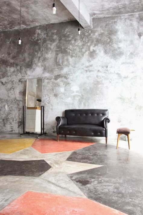 Concrete floors can be dyed in colors, or even in patterns Painted Concrete Floors, Concrete Interiors, Cement Floor, Concrete Floor, Design Del Prodotto, Painted Floors, Floor Patterns, Concrete Wall, Floor Design