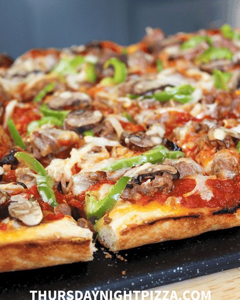 Grandma Pizza Recipe With Sausage, Pepper, Onion & Mushrooms Pepper And Onion Pizza, Sausage Pizza Recipes, Pepperoni And Sausage Pizza, Grandma Pizza, Pizza With Sausage, Sausage Pizza Recipe, Italian Sausage Pizza, Recipe With Sausage, Caramelized Onion Pizza