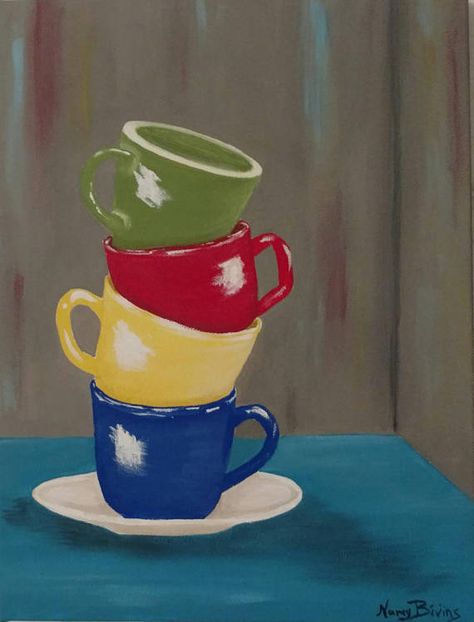 Coffee cups painting 9 x 12 acrylic kitchen coffee cups NancyBivinsArtStudio Cups Painting, Kitchen Painting Art, Kitchen Paintings, Acrylic Kitchen, Acrylic Painting Ideas For Beginners, Figurative Art Painting, Easy Paintings For Beginners, Easy Acrylic Painting Ideas, Painting School