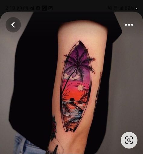 Color Beach Tattoo, Island Vibe Tattoo, Tatoos God, Sunrise Tattoos, Beach Tattoo Ideas, Beachy Tattoos, Surf Tattoo, Sunset Surfing, Sunset Tattoos