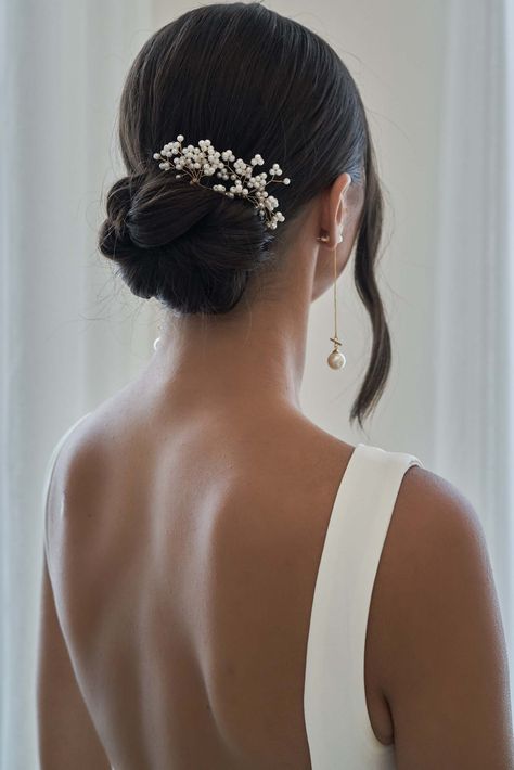 Low Bun Wedding Hair With Comb, Low Bun Hair Piece, Bride Hair Elegant, Bride Hair With Hair Piece, Hair Pin Wedding Hairstyles, Bridal Hair Bun With Hair Piece, Bridal Hair Design, Flowers In Hair Bridesmaids, Sophisticated Bun Hairstyles