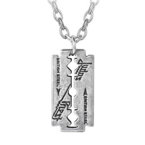 JUDAS-PRIEST-PENDANT-Alchemy-Rocks-Pewter-Razor-Blade-Design-Nickel-Free-Chain-143210165710 Edgy Metal Cross Jewelry, Judas Priest Poster, Razor Necklace, Judas Priest Shirt, Vintage Judas Priest T Shirts, British Steel, Bday Wishlist, Razor Blade, Judas Priest