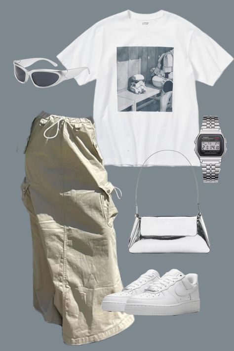 Y2k Outfits Oversized Shirt, Outfit Ideas Cargo Skirt, Long Cargo Skirt Outfit Plus Size, Outfit With Cargo Skirt, Cargo Skirt Outfits Women, White Cargo Skirt Outfit, Oversized White Tshirt Outfit, Casio Silver Watch, Cargo Skirt Outfit Ideas