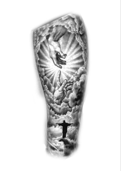 God Themed Tattoos, Heaven Clouds Tattoo, Rare Tattoos Men Shoulder, Mens Inner Arm Tattoo, Godly Tattoos For Men Sleeve, Cloud Arm Tattoo, Forearm Tattoo Men Sleeve Clouds, God Tattoos For Men, Catholic Tattoos For Men