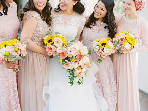 Wedding Dress Flower Crown, Champagne Pink Dress, Inexpensive Bridesmaid Dresses, Peach Wedding Colors, Botanic Garden Wedding, Soft Pink Wedding, Blush Pink Wedding Dress, Crown Bride, Dusty Pink Weddings