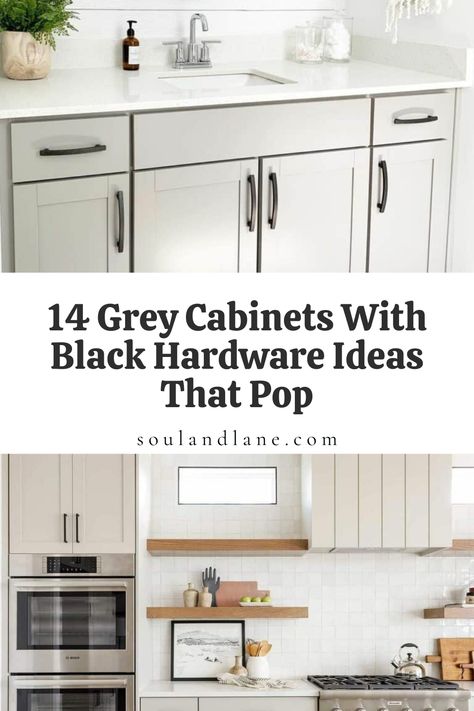 This combination brings a bold statement to any culinary space, marrying the soft versatility of grey tones with the stark, sophisticated edge of black accents. Opt for matte black handles and knobs to add a modern twist, or choose traditional black iron for a touch of rustic charm. The result is a visually striking kitchen that boasts both elegance and contemporary flair, making your cabinets not just storage solutions, but standout pieces of your home decor. This design choice promises to infu Gray Cabinet With Black Hardware, Grey Cabinets With Black Hardware, Cabinet With Black Hardware, White Herringbone Tile Kitchen, Herringbone Tile Kitchen, Cabinets With Black Hardware, Warm Grey Kitchen, White Apron Sink, White Kitchen Shelves