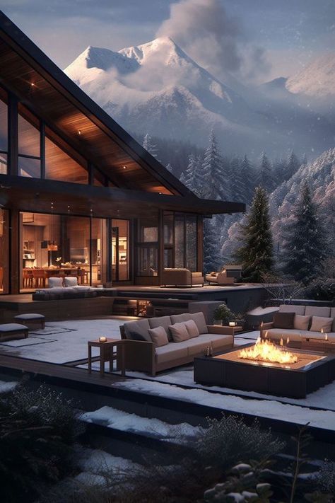 Snowy Mountain House, House In Snowy Mountains, Luxury Chalet Interior, Snowy House, Winter House Exterior, Mountain Dream Homes, Winter Chalet, Modern Mountain Home, Snowy Mountain