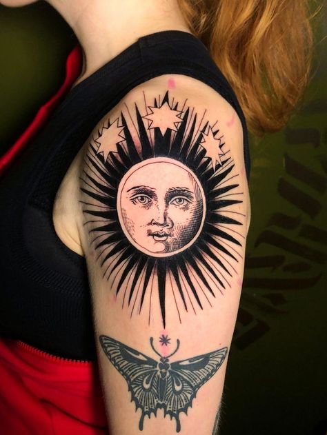 Whimsigoth Tattoo Ideas, Celestial Sleeve Tattoo, Whimsigoth Tattoo, 17 Tattoo, Celestial Tattoos, Celestial Tattoo, Ink Therapy, Goth Tattoo, Witch Tattoo