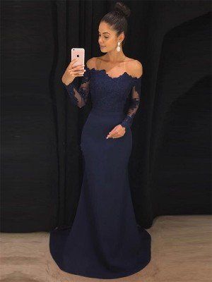 Navy Satin Prom Dress, Prom Dresses With Long Sleeves, Dresses With Long Sleeves, Dress Applique, Navy Blue Prom Dresses, Formal Prom Dresses Long, Long Sleeve Prom, Evening Party Gowns, Lace Prom Dress