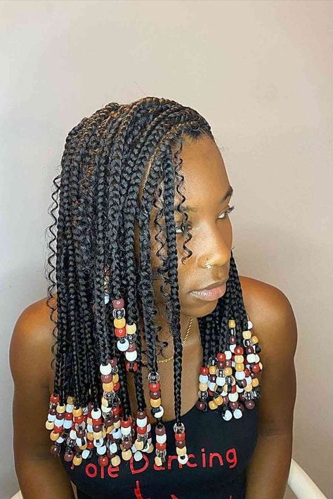 Mid-Length Bohemian Knotless Braids with Colorful Beads Bohemian Braids With Beads, Trendy Curls, Knotless Braids With Beads, Bohemian Knotless Braids, Bohemian Knotless, Ombre Box Braids, Box Braids Bob, Thick Natural Hair, Chunky Braids