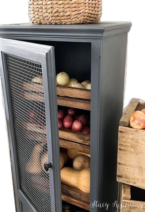 Diy Veggie Storage, Outside Pantry Storage Ideas, Kitchen Storage Cabinets Farmhouse, Diy Root Vegetable Storage Bin, Onion Rack Storage Ideas, Wooden Produce Storage, Food Storage Furniture, Fruits Storage Kitchen, Onion Garlic Potato Storage Ideas