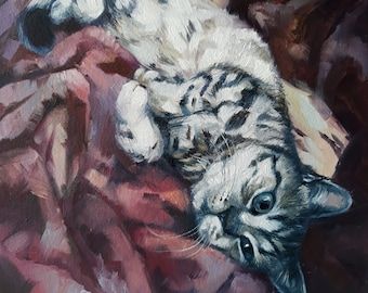 White Cat Painting, Picture Canvas, Cat Picture, Custom Cat Portrait, Gray Cat, Oil Painting Portrait, Original Art Painting, Original Wall Art, Portraits From Photos