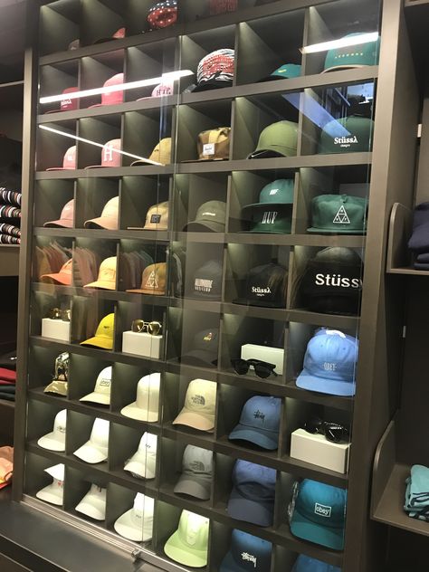 Hat Collection Display, Shoe Collection Display, Kallax Closet, Diy Hat Storage, Mens Hat Store, Baseball Hat Storage, Shoe Rack Room, Shoe Store Design, Cap Store