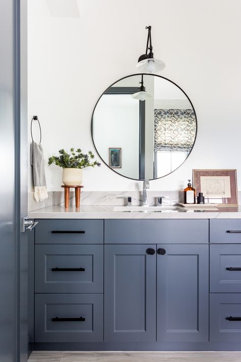 Grandview Project Primary Bathroom Blue Vanity Black Hardware Roound Mirror, Library Light. Bathroom With Blue Vanity, Bathroom Tiles Grey White, Black Hardware Bathroom, Light Blue Bathroom, Blue Bathroom Vanity, Blue Vanity, Yellow Bathroom, Grey Bathroom Vanity, Bathroom Redesign