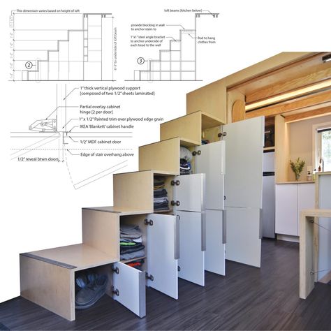 Diy Storage Stairs, Tiny House Stairs Storage, Tiny House Stairs Ideas, Stair Construction, Stair Dimensions, Storage Stairs, Stair Plan, Bed Stairs, Diy Bunk Bed