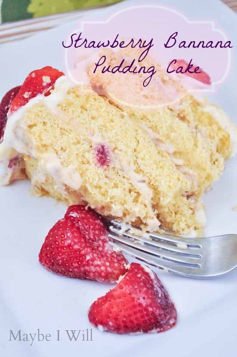 {www.maybeiwill.com}... Strawberry Banana Pudding Cake!!! This Stuff is AMAZING!!!! #cake #pudding #freshfruit Banana Pudding Cake Recipe, Strawberry Banana Pudding, Strawberry Banana Cakes, Pudding Cake Recipe, Making Desserts, Banana Pudding Cake, Chocolate Ganache Frosting, Banana Cake Recipe, Strawberry Cakes