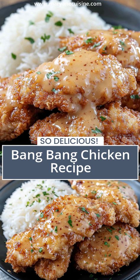 The perfect blend of sweet and spicy! This Bang Bang Chicken features crispy chicken tenderloins generously coated in creamy chili sauce. Serve hot with parsley garnish and extra sauce. Bang Bang Chicken Thighs, Bang Bang Chicken Recipe, Meals With Chicken, Creamy Chili, Chicken Recipes Dinner, Bundt Pan Recipes, Delicious Chicken Recipes, Ms Recipes, Chicken Batter