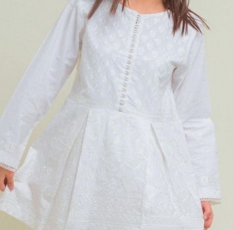 Short Round Kurti, Long Sleeve Kurti, Round Kurti, Ribbon Embroidery Tutorial, Embroidery Tutorial, Stylish Dress Designs, Embroidery Tutorials, Ribbon Embroidery, White Short